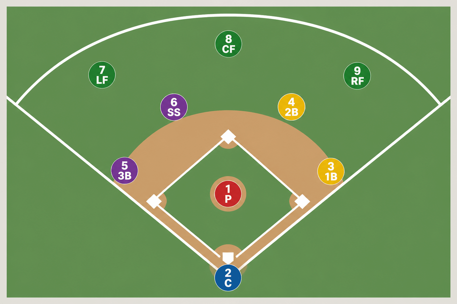 Baseball positions diagram showing all 9 fielding positions with their scorekeeping numbers