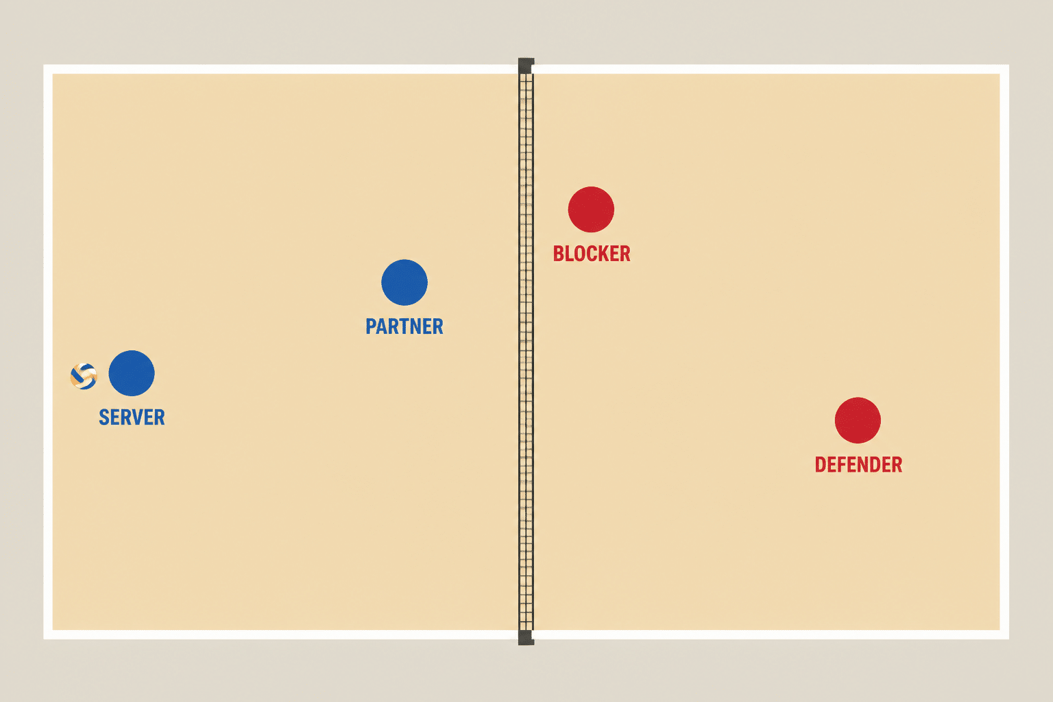 Diagram of a beach volleyball court showing the blocker at the net and the defender in the back court