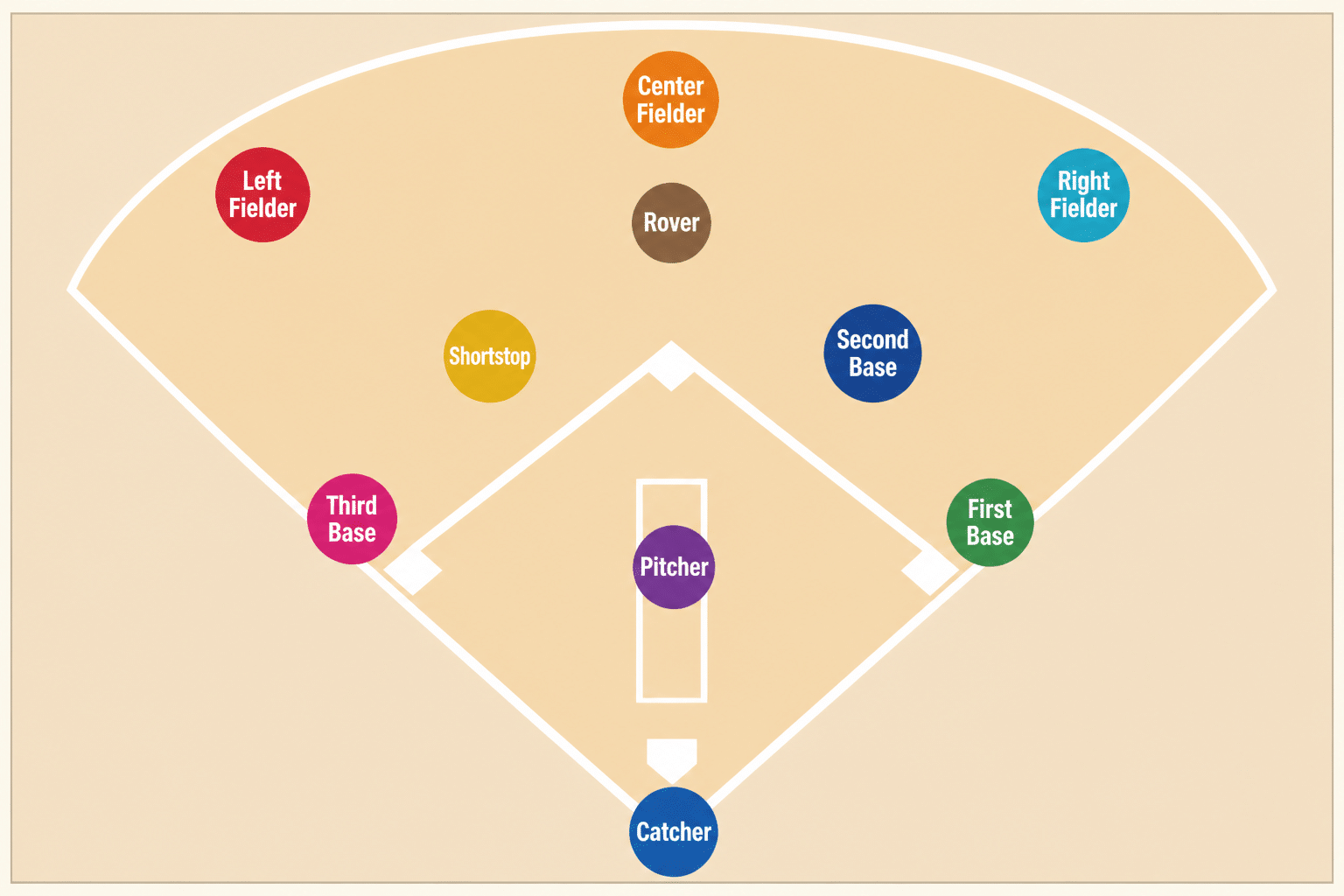 Diagram of a kickball field showing the pitcher, catcher, four infielders, three outfielders and a rover