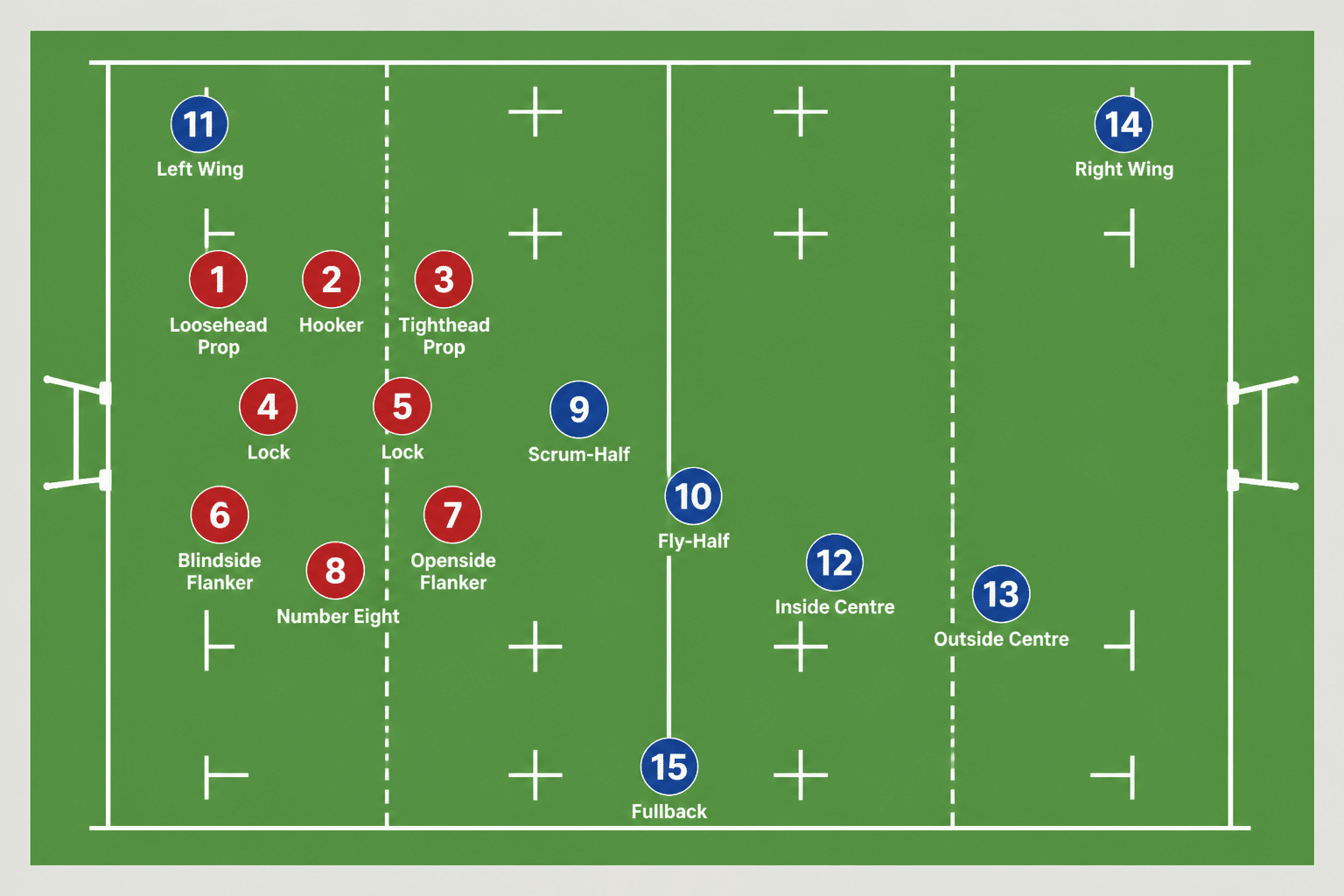 Rugby union positions diagram showing all 15 positions on the pitch with their shirt numbers
