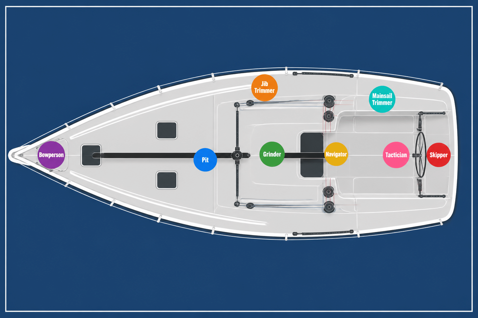 Sailing crew positions diagram showing all 8 roles on the deck of a racing yacht