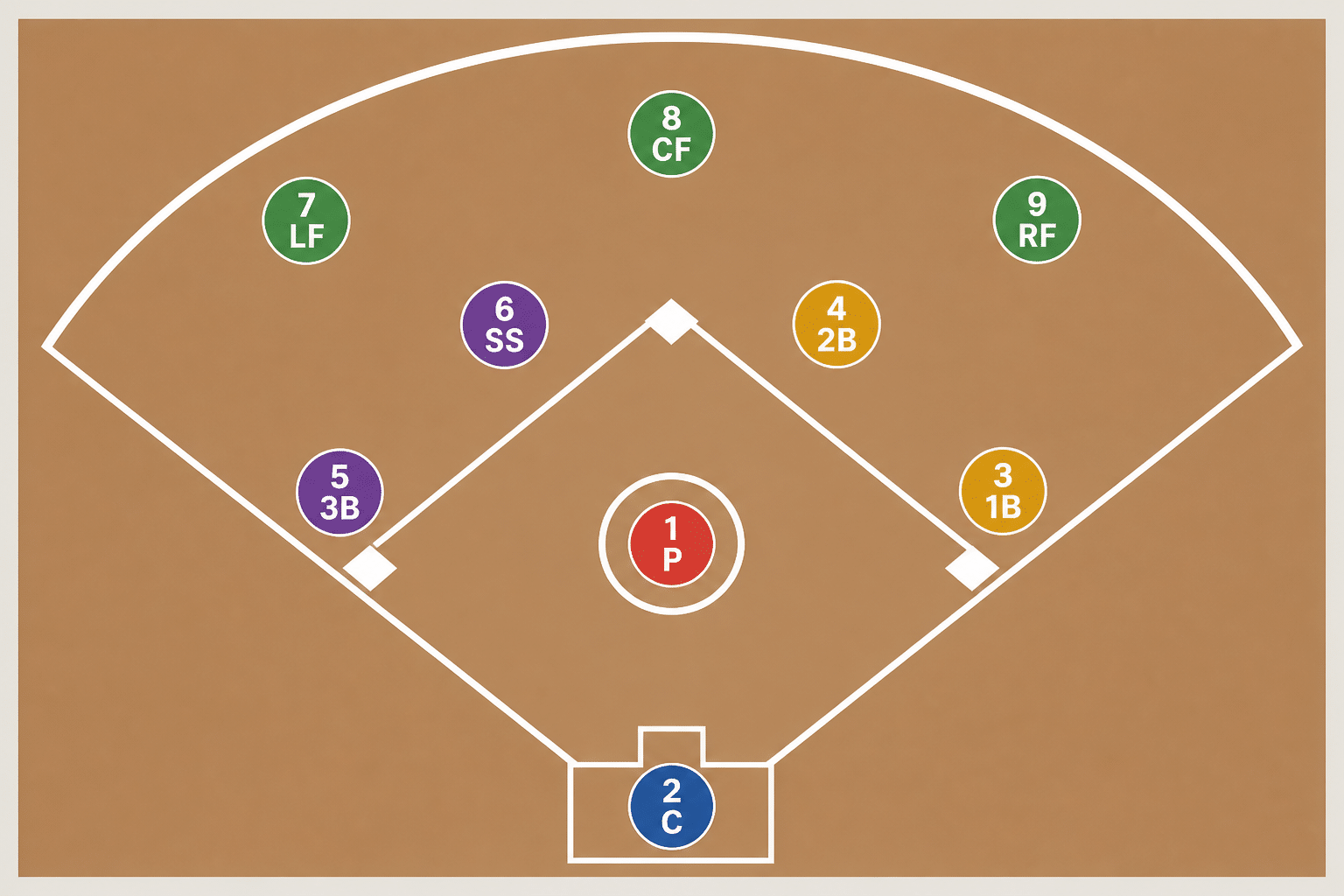 Softball positions diagram showing all 9 fielding positions with their scorekeeping numbers