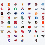 Logos of all FBS teams, grouped by conference