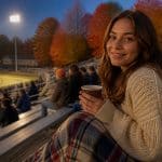 Woman with hot cocoa and a blanket in the bleachers at a fall football game