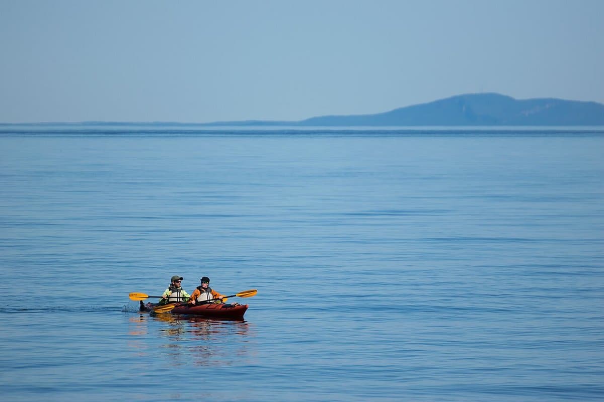 Two people paddling a tandem kayak on open water